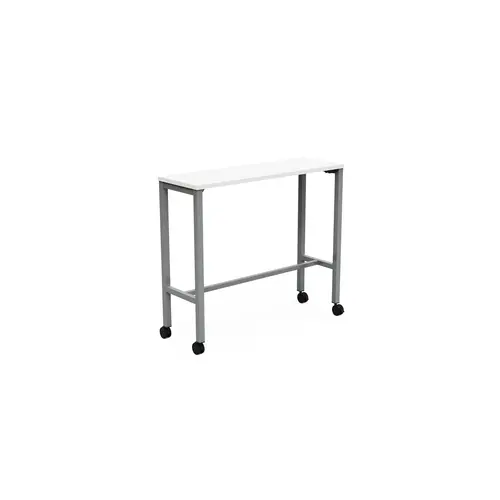 Table rectangulaire Arial L. 120 x P. 40 x H. 104,5 cm plateau nu mélamine blanc neige piètement arche carrée fixe métal lisse gris aluminium sur roulettes