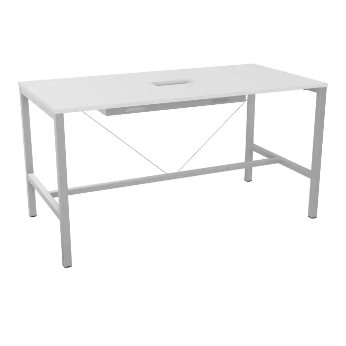 Table rectangulaire Arial L. 200 x P. 100 x H. 104,5 cm plateau découpé pour trappe au centre mélamine blanc neige piètement arche carrée fixe métal lisse gris aluminium