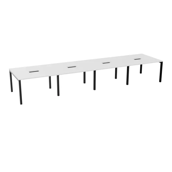 Table rectangulaire Arial L. 480 x P. 120 x H. 73,5 cm plateau découpé pour trappes au centre mélamine blanc neige piètement arche carrée fixe métal lisse noir