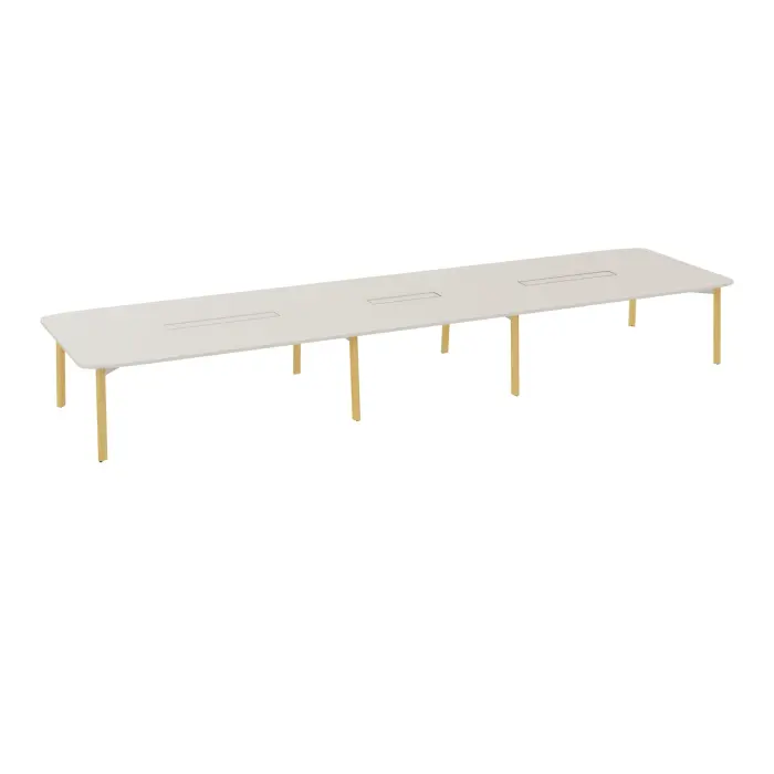 Table de réunion modulaire Karl L. 150 cm x P. 560 cm plateau mélamine lin 8 pietement bois hêtre massif vernis/ dont 2 éléctrifiés métal lisse blanc nacré