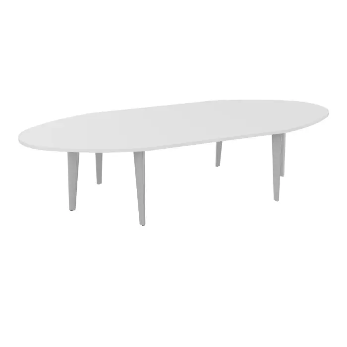 Table ovale Modulo 10 personnes L. 320 cm x P. 140 cm mélamine blanc neige epaisseur 30mm 2 plateaux droits L. 140 cm + 2 plateaux ellipses prépercés 6 obturateurs 6 pieds métal lisse gris aluminium