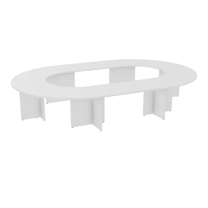Table U fermée Modulo 16 personnes L. 410 cm x P. 270 cm épaisseur 30mm 2 plateaux droits L. 140 cm + 4 plateaux angle 90° L. 135 cm prépercés 8 obturateurs 12 pieds panneaux mélamine blanc neige