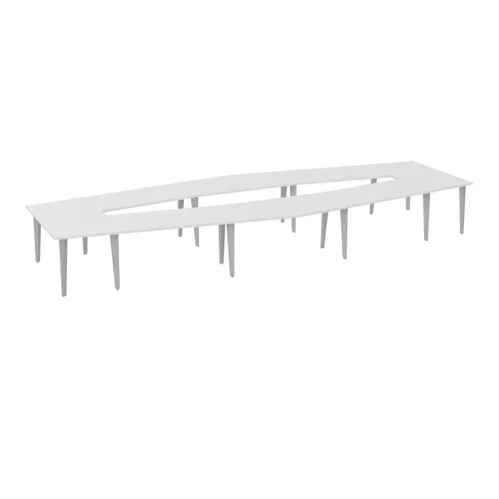Table losange Modulo 16 personnes L. 577 cm x P. 217/142,5 cm mélamine blanc neige épaisseur 30mm 4 plateaux droits L. 140 cm + 2 plateaux trapèze intérieur + 2 plateaux exterieur prépercé 14 obturateurs 16 pie