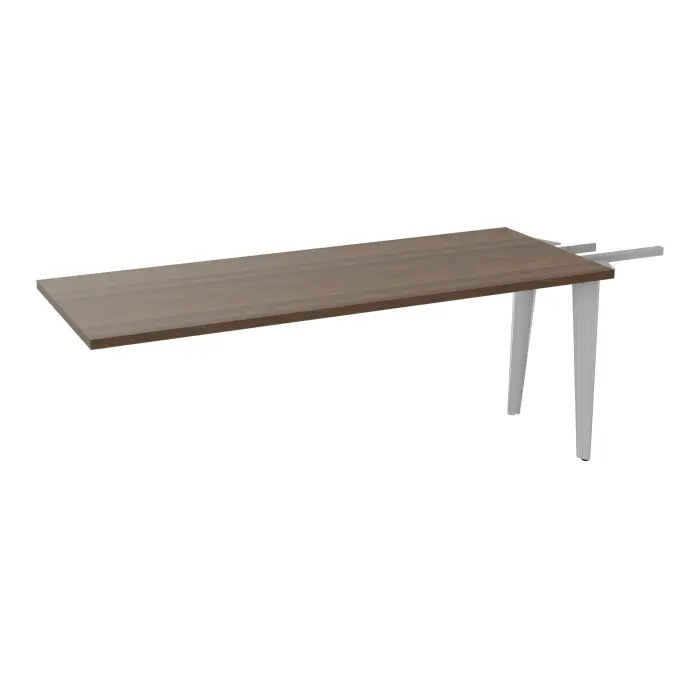 Extension Modulo 3 personnes L. 180 x P. 70 cm mélamine noyer brun épaisseur 30mm pour tables U,V losanges et rondes prépercé 2 obturateurs 1 pied métal lisse gris aluminium