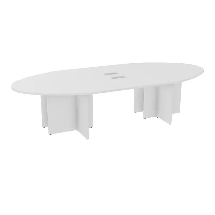 Table ovale Modulo 10 personnes L. 320 cm x P. 140 cm mélamine blanc neige epaisseur 30mm 2 plateaux droits L. 140 cm + 2 plateaux ellipses découpés pour 2 trappes + 2 obturateurs + goulottes 4 pieds panneaux m