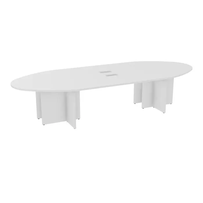 Table ovale Modulo 12 personnes L. 360 cm x P. 140 cm mélamine blanc neige epaisseur 30mm 2 plateaux droits L. 180 cm + 2 plateaux ellipses découpés pour 2 trappes + 2 obturateurs + goulottes 4 pieds panneaux m