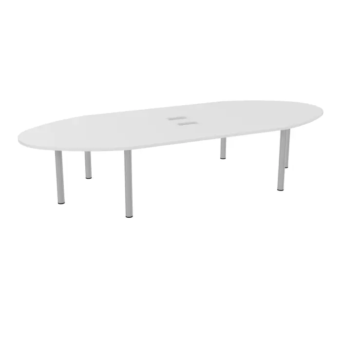 Table ovale Modulo 12 personnes L. 360 cm x P. 140 cm mélamine blanc neige epaisseur 30mm 2 plateaux droits L. 180 cm + 2 plateaux ellipses découpés pour 4 trappes + goulottes 6 pieds Ø70 métal lisse gris alumi