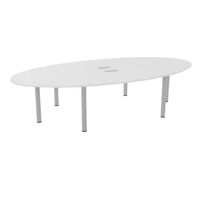Table elliptique Modulo 10 personnes L. 320 cm x P. 156 cm mélamine blanc neige épaisseur 30mm 2 plateaux courbés symétriques L. 140 cm + 2 plateaux éllipses découpés pour 4 trappes + goulottes 6 pieds Ø70 méta