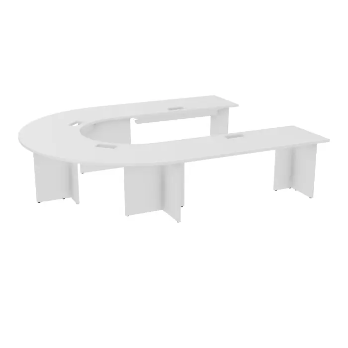 Table U Modulo 12 personnes L. 315 cm x P. 270 cm mélamine blanc neige épaisseur 30mm 2 plateaux droits L. 180 cm + 2 plateaux angle 90° L. 135 cm découpé pour 4 trappes + goulottes + guide câbles 5 pieds panne