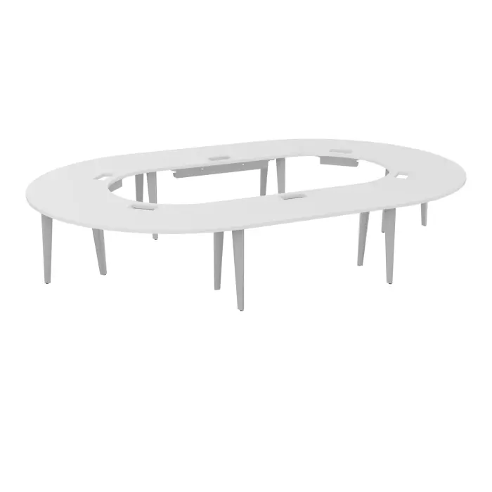 Table U fermée Modulo 16 personnes L. 410 cm x P. 270 cm épaisseur 30mm 2 plateaux droits L. 140 cm + 4 plateaux angle 90° L. 135 cm découpé pour 6 trappes + goulotte + guide câbles 6 pieds métal lisse gris alu