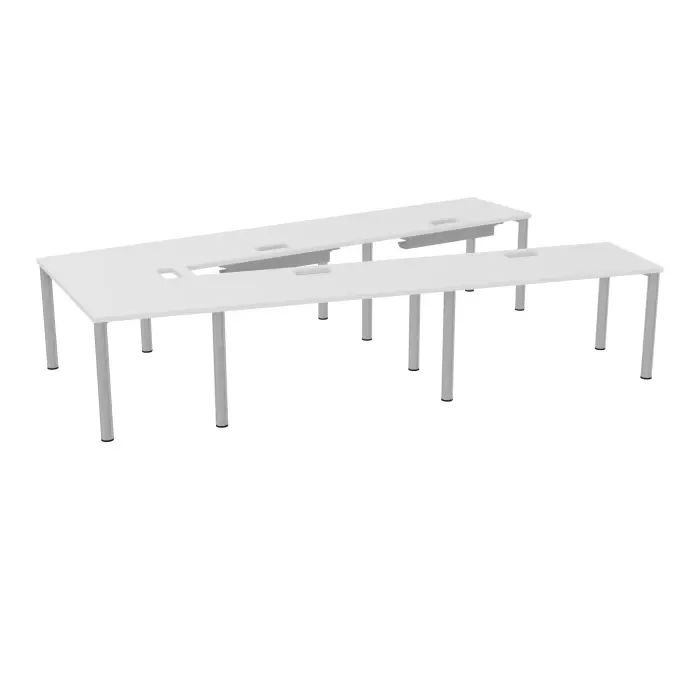 Table V fermée Modulo 10 personnes L. 356 cm x P. 234 cm épaisseur 30mm 4 plateaux droits L. 140 cm + 1 plateau trapèze extérieur découpé pour 5 trappes + goulotte + guide câbles 12 pieds Ø70 métal lisse gris a