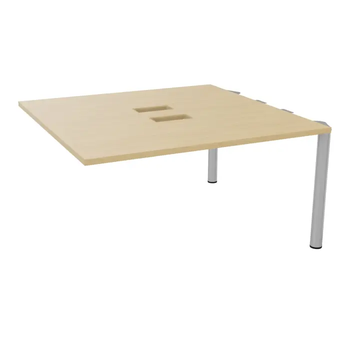 Kit extension Modulo pour tables ovales 4 personnes L. 140 cm x P. 140 cm mélamine Chêne naturel découpé pour 2 trappes + goulotte double 4 pieds Ø70 métal lisse gris aluminium