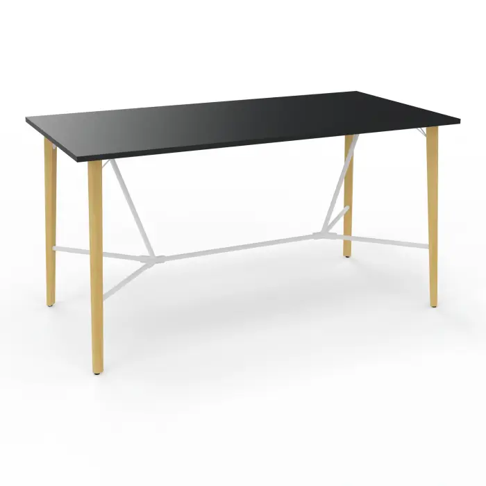 Robin table réunion L. 200 cm x P. 100 cm x H. 104,5 cm noir pré-percé 2 obturateurs au centre pieds métal lisse blanc/bois hêtre massif vernis