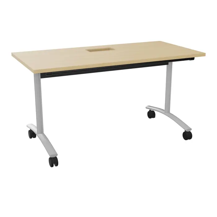 Table abattante rectangulaire L. 140 x P. 68 x H. 73,5 cm avec goulotte L. 50 cm - plateau ép. 25 mm avec découpe trappe mélamine Chêne naturel - piètements métalliques sur roulettes métal lisse gris aluminium