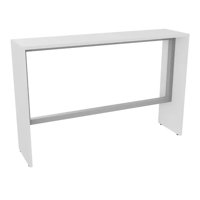 Table haute Elisa L.160 cm x P. 40 cm x H. 105 cm plateau mélamine blanc neige épaisseur 25mm pré-percé 2 obturateurs pieds mélamine blanc neige cadre métal lisse gris aluminium repose pieds 50 cm x 50 cm