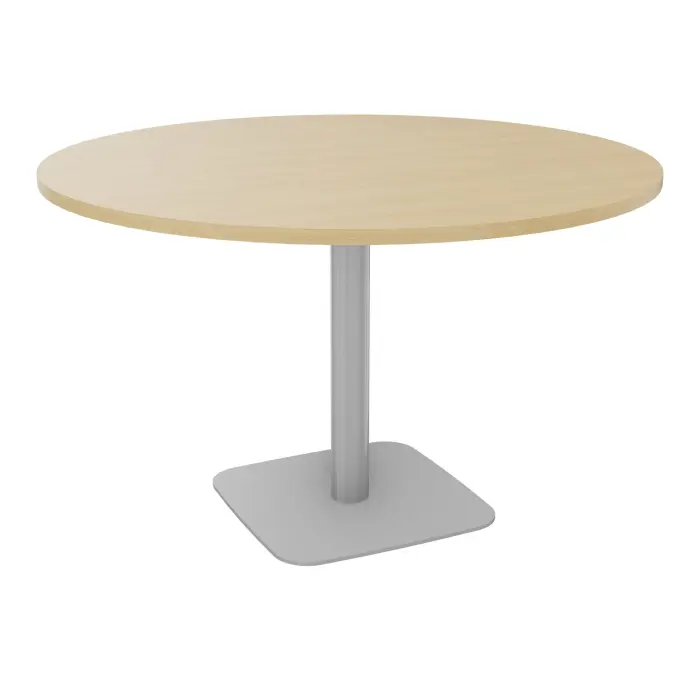 Table ronde Eloise D. 120 cm x H. 73,5 cm mélamine Chêne naturel épaisseur 25mm pied central métal lisse gris aluminium