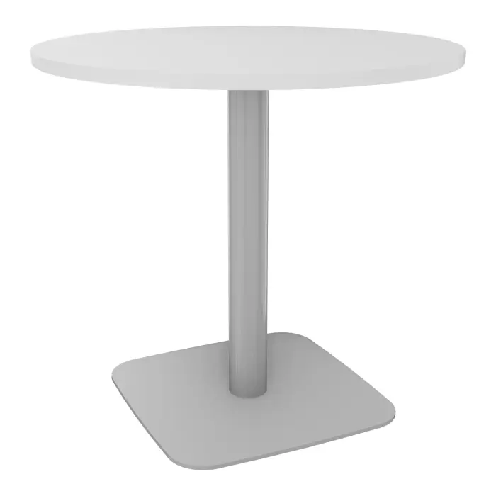 Table ronde Eloise D. 80 cm x H. 73,5 cm stratifié blanc épaisseur 23,6 mm pied central métal lisse gris aluminium