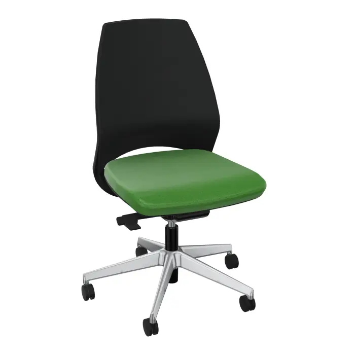 Siège Elliot autorégulé bas dossier matelassé avec coque noire - tissu Step bambou - Piétement métal chromé sur roulettes pour sol dur