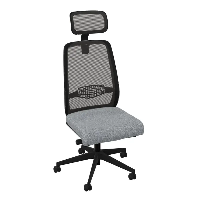 Siège Gabin - mécanisme synchrone ergonomique avec tétière assise tissu Step mélange gris clair chiné dossier résille noire - piètement nylon noir - Roulettes pour sol souple freinées hors charge