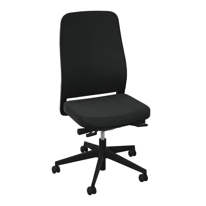 Siège Léon synchrone avec translation d'assise - dossier tissu Bondaï noir - coque arrière noire - piétement nylon noir sur roulettes pour sol dur 65 mm