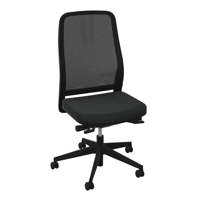 Siège Léon synchrone avec translation d'assise - assise tissu Bondaï noir - dossier résille noire - cadre noir - piétement nylon noir sur roulettes pour sol souple 65 mm