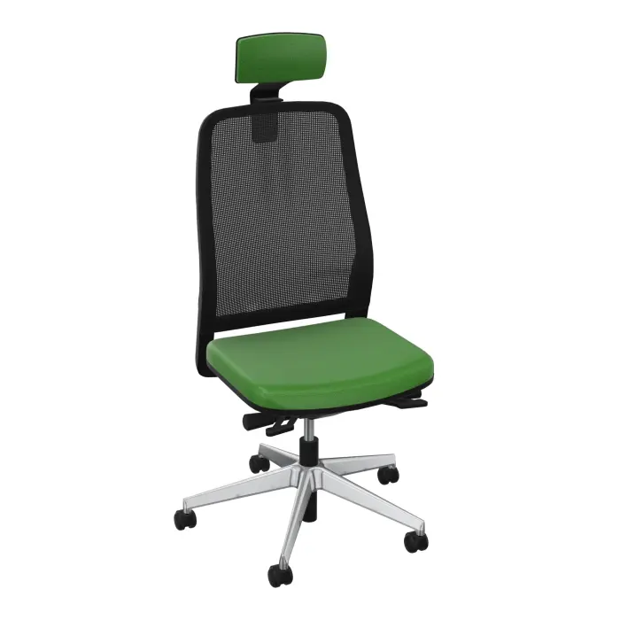 Siège Léon synchrone avec translation d'assise et têtière - assise tissu Step bambou - dossier résille noire - cadre noir - piétement métal chromé sur roulettes pour sol souple 65 mm