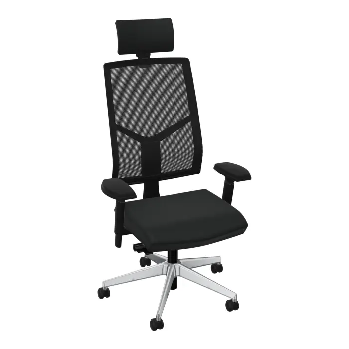 Siège Opus NPR mécanisme synchrone haut dossier résille noire avec têtière - assise revêtement tissu Bondaï noir - piétement 5 branches métal chromé - équipé d'une paire d'accotoirs 4D - Roulettes pour sol dur