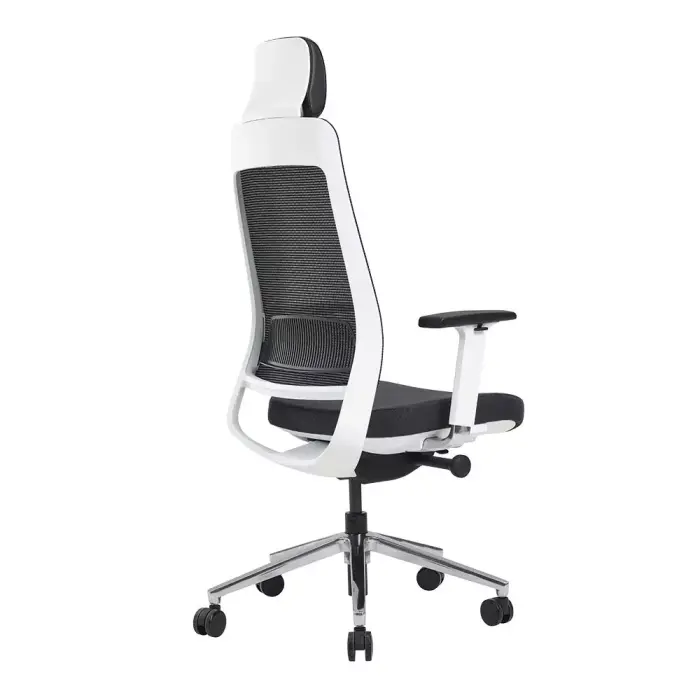 Fauteuil synchrone automatique Tension réglable latéralement, 7 intensités, anti-retourTranslation d'assiseDossier filet noir uniquementStructure blanche Support lombaire réglable, têtière réglable en imitation cuir noirAccoudoirs réglables 4 D, manchettes soft touchColoris assise tissu noir uniquement, non classé au feuLift double cône classe 4Pied aluminium poli, roulettes Ø 60 mm