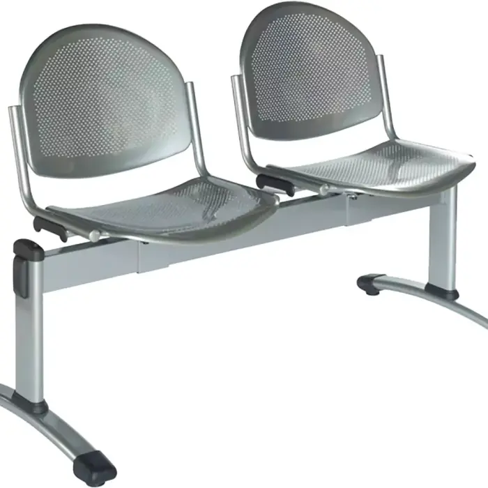 Assise et dossier en métal perforéPiétement époxy anti-rayures coloris vernis aluLivrées démontéesUne tablette peut remplacer une assise
