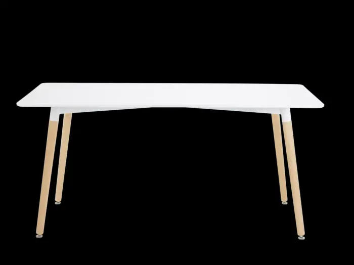 Table Plateau MDF 18 mm Coloris blanc mat Cadre en métal blanc Pieds ronds en bois de hêtre, diamètre 50 mm Peut supporter 100 kg