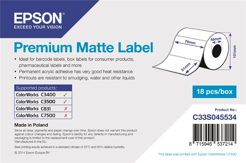 Epson Premium Matte Label - 76 x 51mm Blanc