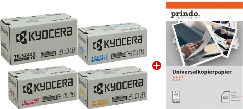 Kyocera TK-5240 MCVP 02 Noir(e) / Cyan / Magenta / Jaune Value Pack (+ Prindo Universal Papier 500 Blatt)